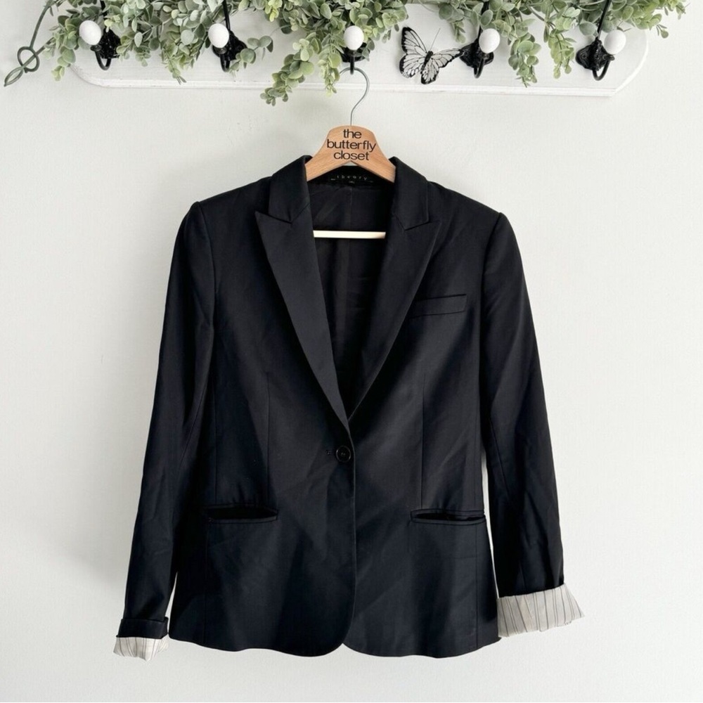 Theory Black Wool Blazer Contrast Sleeve One Button Size 6